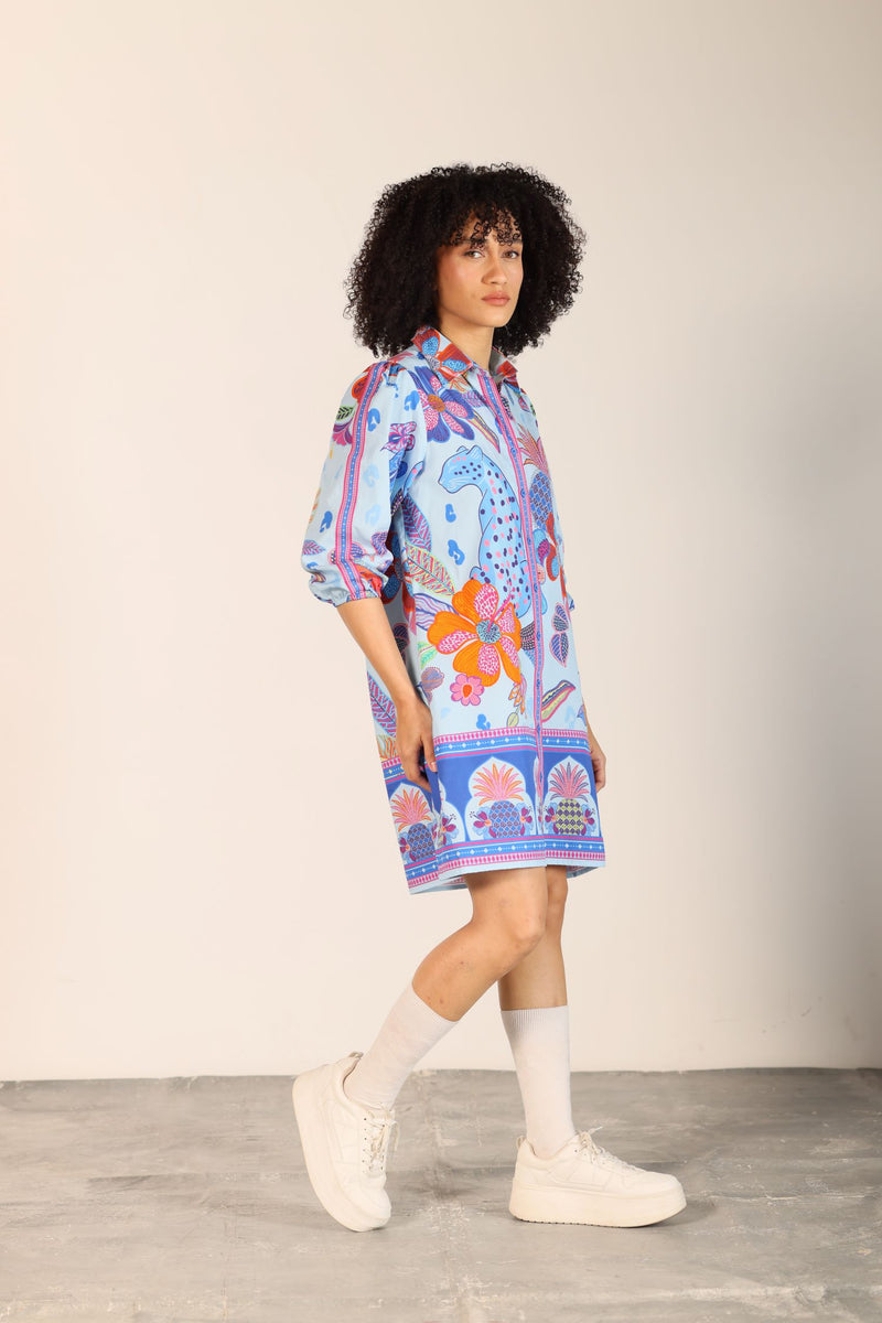 blue safari dress Indigo Denim Safari dress with Floral Precision Cut Skirt